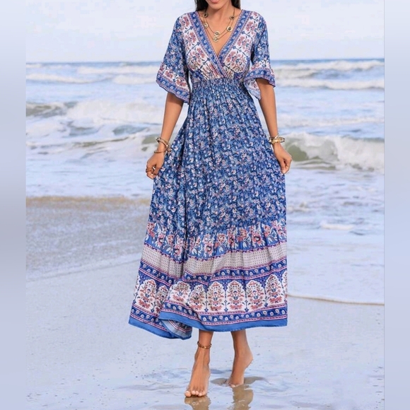 New Flowy Floral Wrap Top Ruffle Sleeve Long Dress Blue - Picture 3 of 8